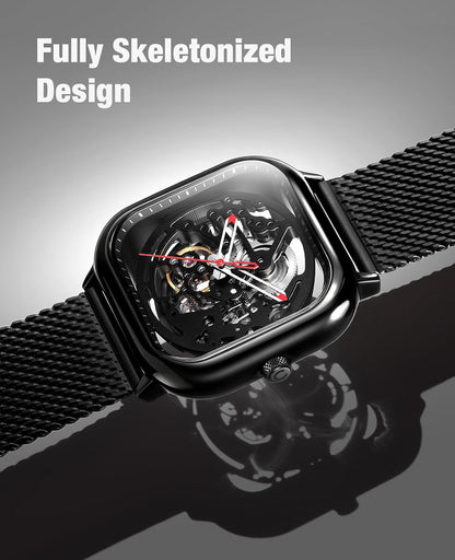 HOTCIGA Design Automatic Mechanical Watch C Series Skeleton Analog Wrist Watch with Milanese Strap Sapphire Crystal Mirror Gifts for Men and Women