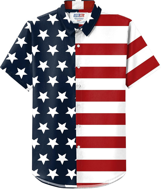 HOTArvilhill Men American Flag Button Shirt 4th of July Short Sleeve Shirts (S-3XL)