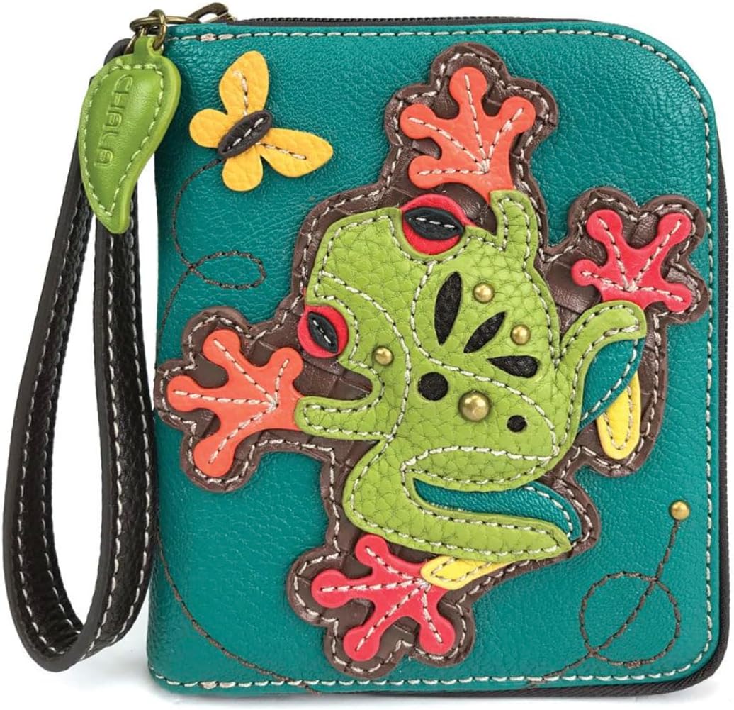 HOTCHALA Zip Around Wallet, Wristlet, 8 Credit Card Slots, Sturdy Pu Leather - Frog - Turquoise