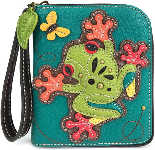 HOTCHALA Zip Around Wallet, Wristlet, 8 Credit Card Slots, Sturdy Pu Leather - Frog - Turquoise