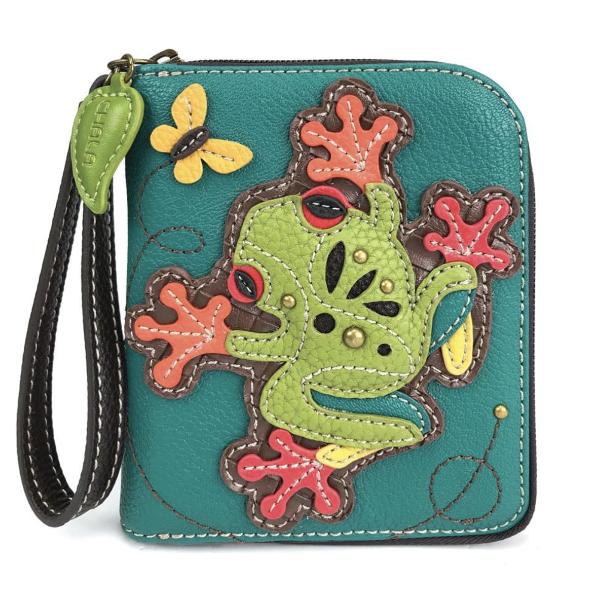 HOTCHALA Zip Around Wallet, Wristlet, 8 Credit Card Slots, Sturdy Pu Leather - Frog - Turquoise