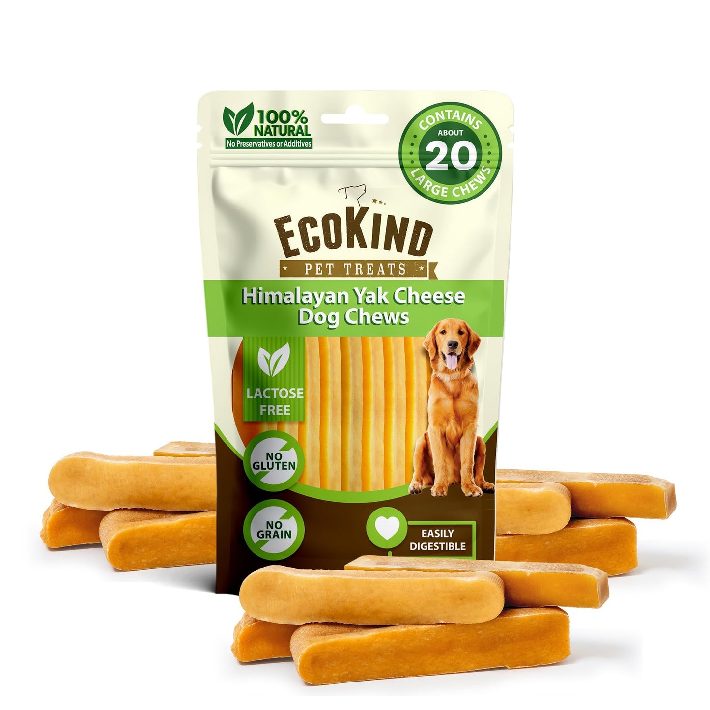 HOTEcoKind Yak Cheese Himalayan Dog Chews, Yak Chews for Large Dogs, 4-5 Bones | 1 Lb, Long Lasting for Aggressive Chewers, Only 3 Ingredient Natural High Protein Dental Dog Treats, No Additives or Lactose