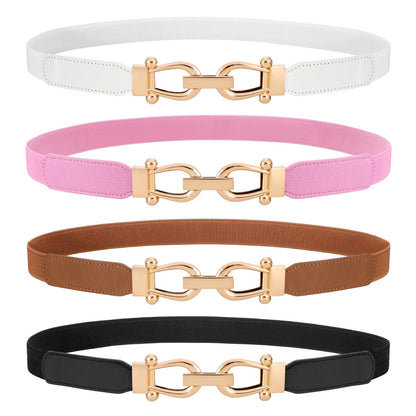 HOTWERFORU 4 Pack Women Skinny Elastic Waist Belt Gold Buckle Stretchy Thin Belt for Jeans Dress