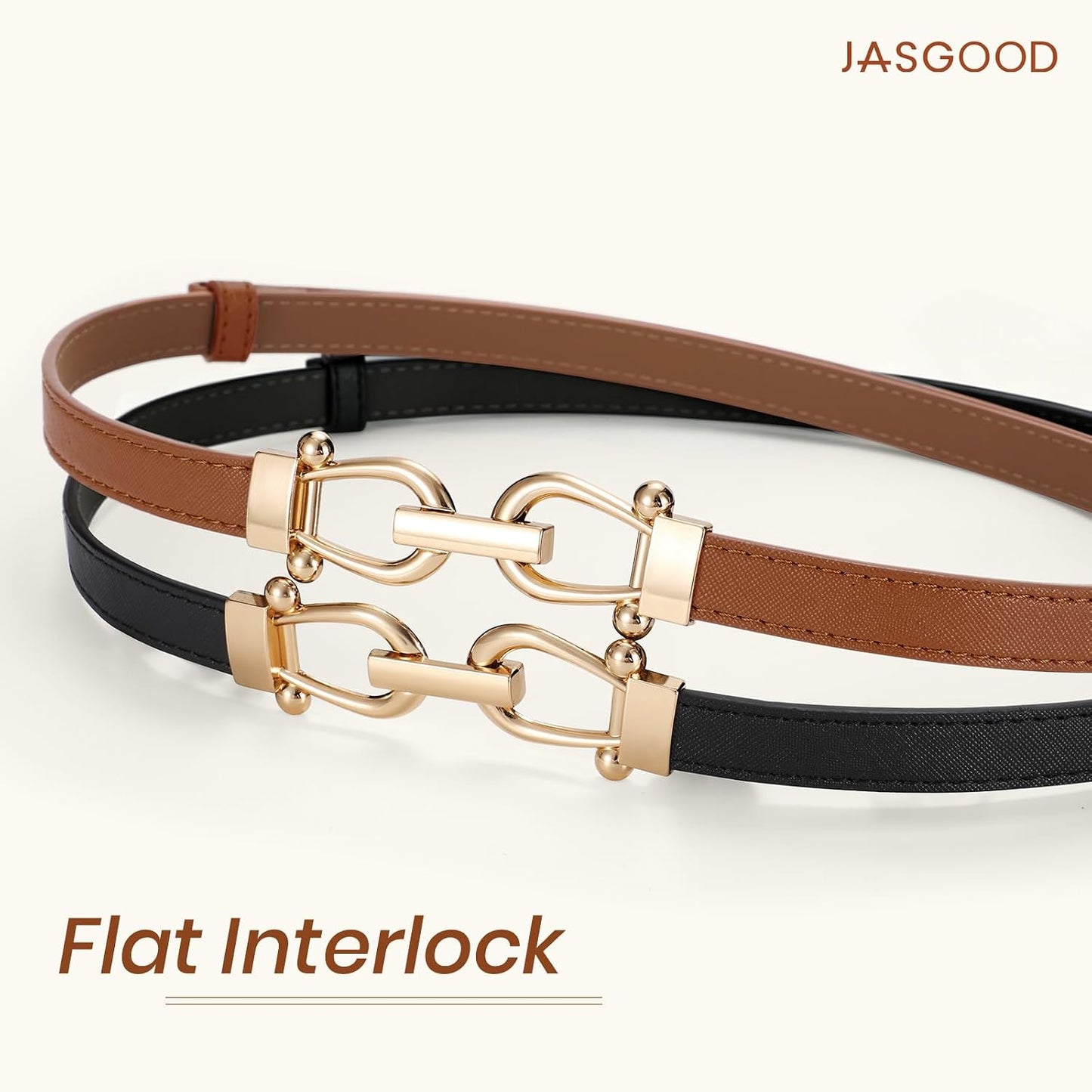 HOTJASGOOD 2 Pack Thin Belts for Women Fashion Skinny Leather Waist Belts for Jeans Pants Dresses with Gold Buckle