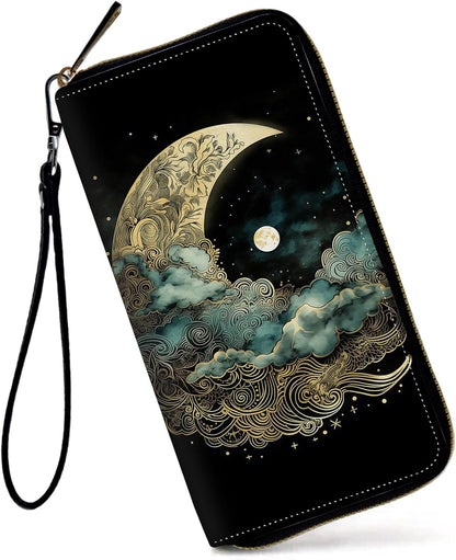 HOTWomens Wallet, Large Capacity RFID Blocking PU Leather Wristlet Wallets for Women Ladies Men Credit Card Holder Zipper Wallet Phone Holder Clutch Travel Purse, Art Moon Starry Night