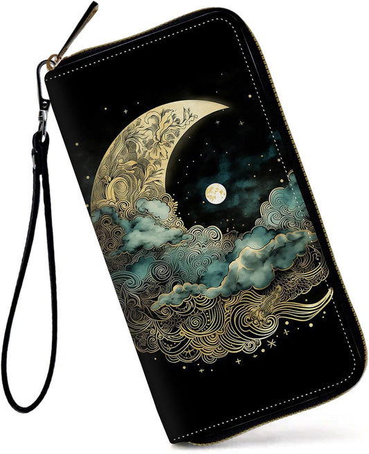 HOTWomens Wallet, Large Capacity RFID Blocking PU Leather Wristlet Wallets for Women Ladies Men Credit Card Holder Zipper Wallet Phone Holder Clutch Travel Purse, Art Moon Starry Night