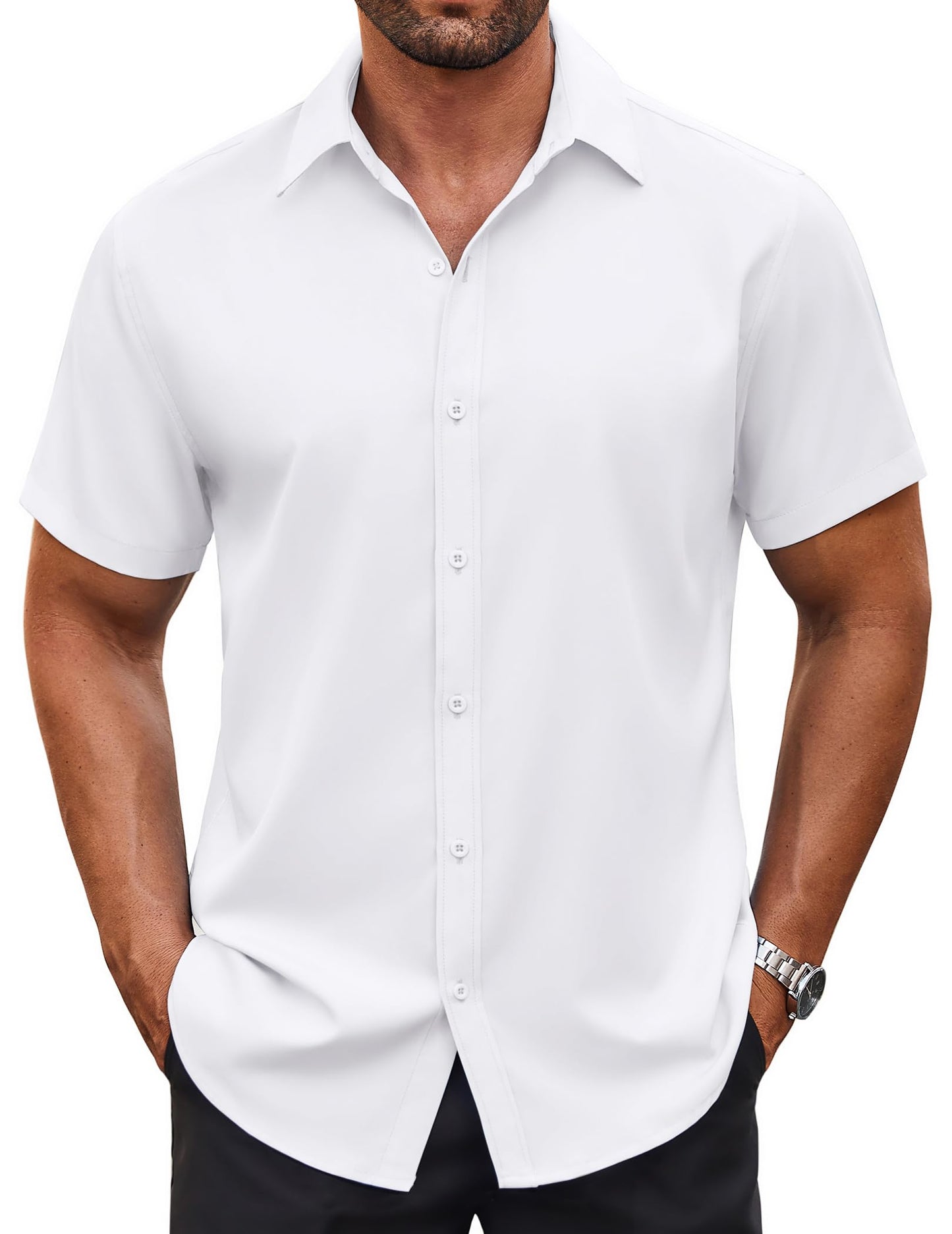 HOTCOOFANDY Men's Button Down Shirt Short Sleeve Dress Shirt Casual Beach Summer Wedding Shirt