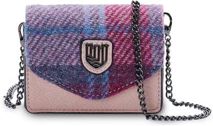 HOTIslander The Card Case - Made of Microfibre Leather & Harris Tweed, 4.13'x3.14' (Pink and Blue Tartan)
