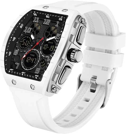 HOTfindtime Watches for Men Relojes para Hombres Wristwatch with Digital Analog Dual Time Display Countdown Stopwatch Punk Cool Design 5ATM Waterproof Mens Watch | Reloj de Hombre Rectangle Design Digital Analog Dual Time Display Countdown Stopwatch Punk