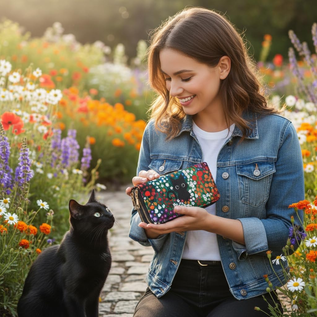 HOTBlack Cat Floral Double Zip Wallet for Women, Cute Kawaii Aesthetic Small Wallet with Card Slots & Coin Pocket, Compact Boho Travel Purse for Cat Lovers