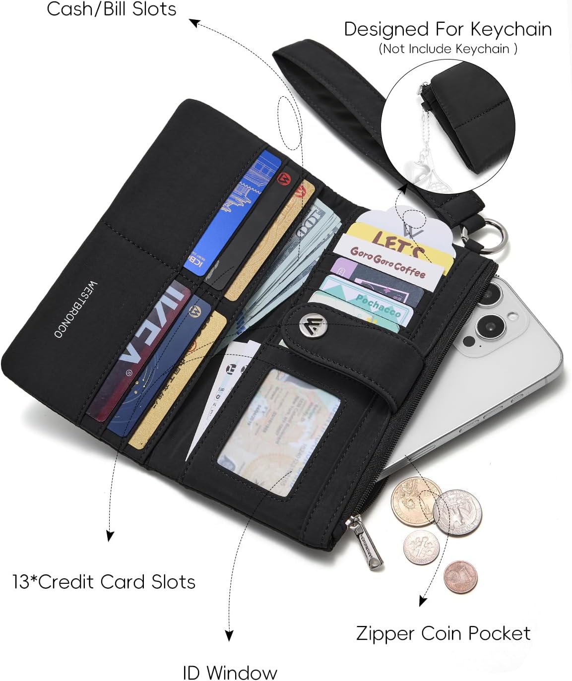 HOTWESTBRONCO Puffer Wristlet Wallets for Women RFID Blocking Soft Slim Bifold Compact 13 Card Holder Wallet for Women with Zipper Coin Pocket & ID Window