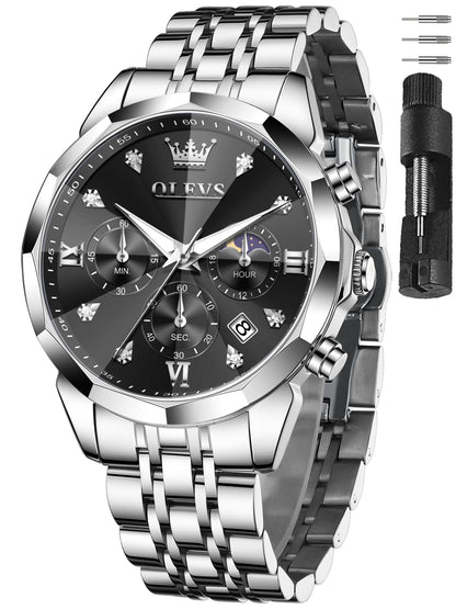 HOTOLEVS Watches for Men Stainless Steel Dress Men Watch with Date Big Face Chronograph Waterproof Luxury Fashion Watch Blue/Black/Gold/Green/Silver Face Relojes para Hombres