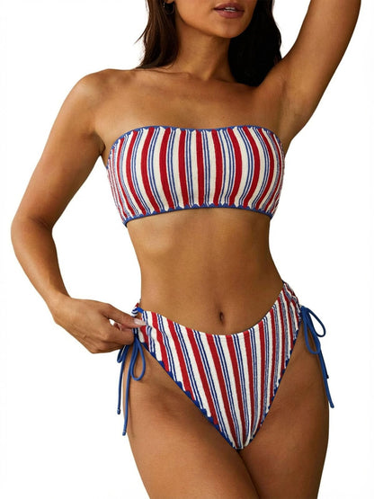 HOTZAFUL Women Strapless Bandeau Bikini 2 Piece Swimwear Lace up Bathing Suits | Strapless Textured Bikini Set Cheeky Solid Bandeau Bathing Suits