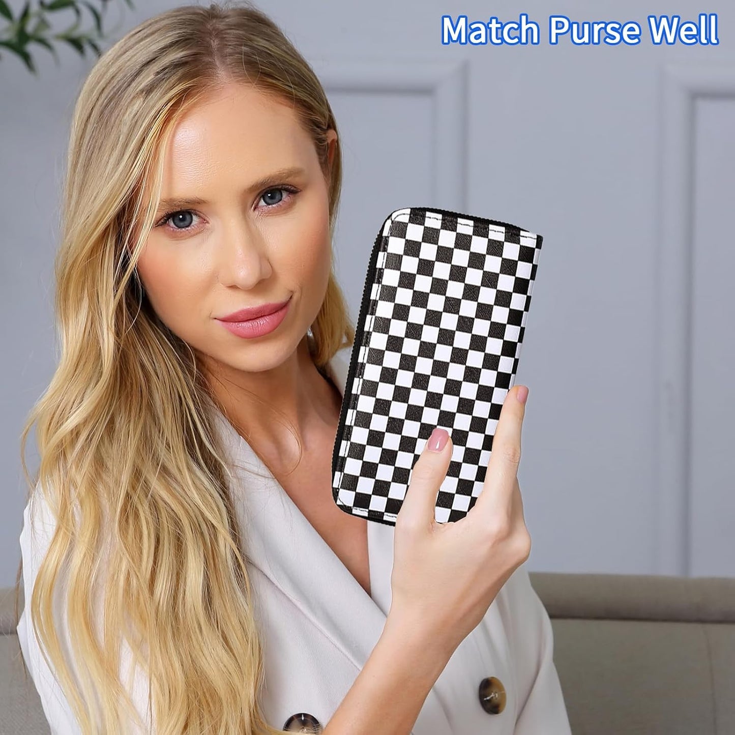 HOTCheckered Wallets for Women Cute Large Capacity Black White Plaid Purse 2 Zippers Credit Card Holder (checkered)