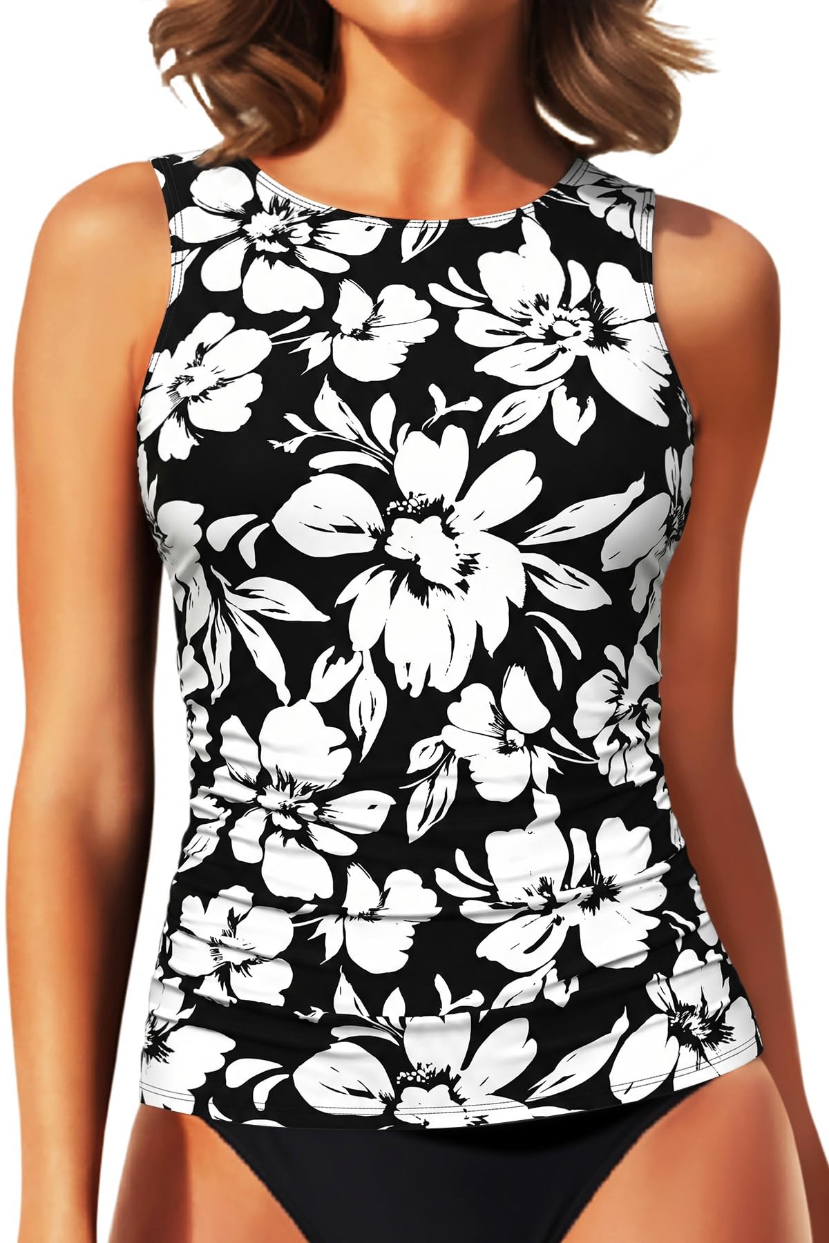HOTDaci Tankini Tops for Women Tummy Control Swim Top Only | High Neck, Ruched Front, Full Coverage, Removable Pads, No Bottom, Soft Stretch Fabric, Fully Lined, Beach and Water Sports
