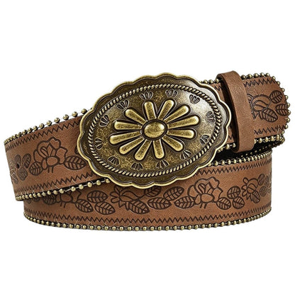 HOTWomen Western Belt with Heart Embossed Buckle Vintage Brown Belt for Jeans Pant Dress Cowgirl Cowboy Belts
