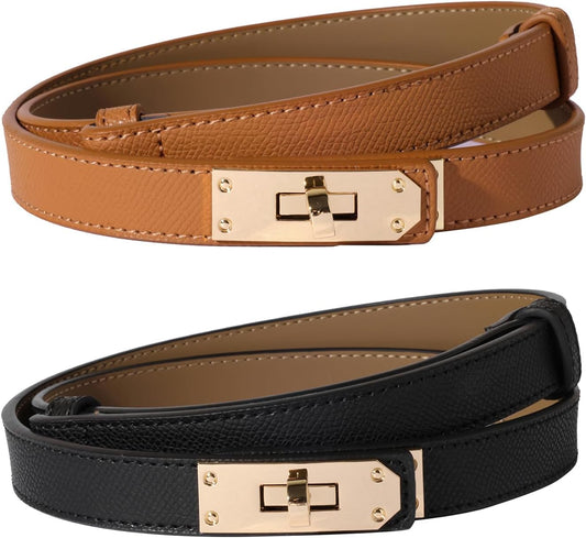 HOTOvekaut Women Skinny Leather Belt Solid Color Alloy Turn Lock Adjustable Waistband for Dresses Jeans Coats