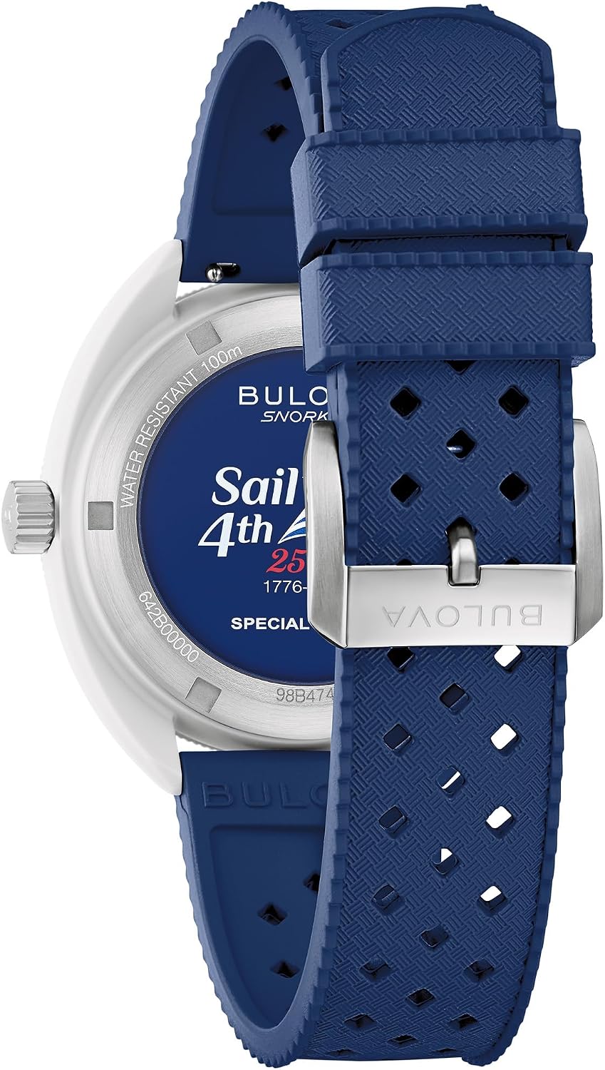 HOTBulova Men's Snorkel - America's 250th Sail 4th Special Edition: 41mm White Hybrid-Ceramic Case with a Blue Rubber Strap & Red Dial (Style: 98B474)