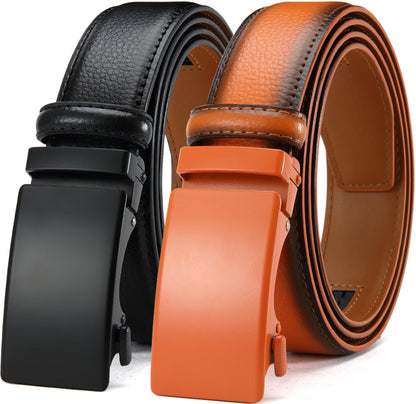 HOTDOOPAI Men's Leather Ratchet Belts 2 Pack Adjustable Click Belt Set for Dress & Casual, Custom Fit 1 3/8" (35mm) -Trim to Fit