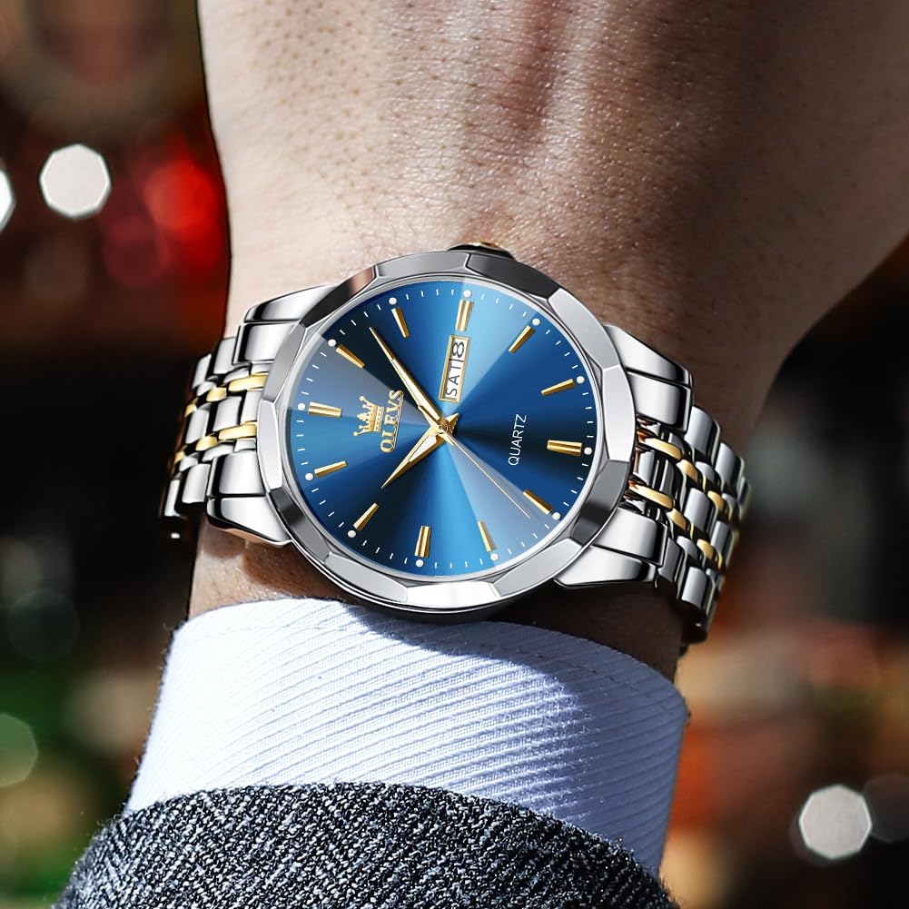 HOTOLEVS Watch for Men Diamond Business Dress Analog Quartz Stainless Steel Waterproof Luminous Date Two Tone Luxury Casual Wrist Watch Blue