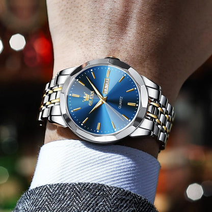 HOTOLEVS Watch for Men Diamond Business Dress Analog Quartz Stainless Steel Waterproof Luminous Date Two Tone Luxury Casual Wrist Watch Blue