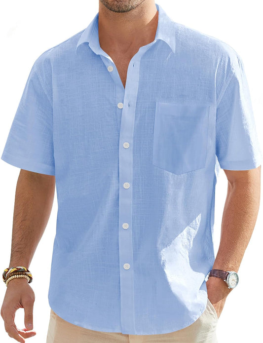 HOTJ.VER Mens Linen Shirt Short Sleeve Button Down Casual Summer Shirts | Cotton Linen, Untucked, Big Tall, from Beach Camp Vacation, Cruise Fishing, Work Office, to Wedding Party Family, with Pocket