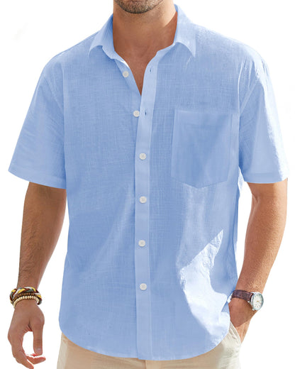 HOTJ.VER Mens Linen Shirt Short Sleeve Button Down Casual Summer Shirts | Cotton Linen, Untucked, Big Tall, from Beach Camp Vacation, Cruise Fishing, Work Office, to Wedding Party Family, with Pocket