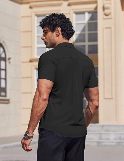HOTCOOFANDY Mens Muscle Fit Dress Shirts Stretch Wrinkle Free Short Sleeve Button Down Shirt Casual Solid Untucked Shirt