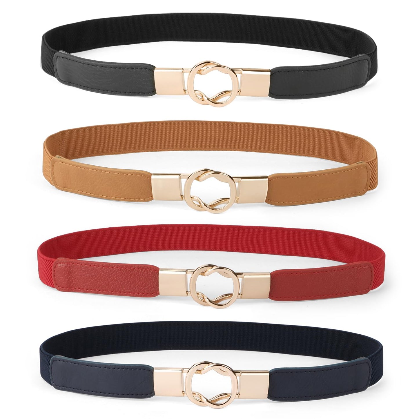 HOTWERFORU Women Skinny Belt for Dresses Retro Stretch Waist Belt with Gold Buckle Set of 4