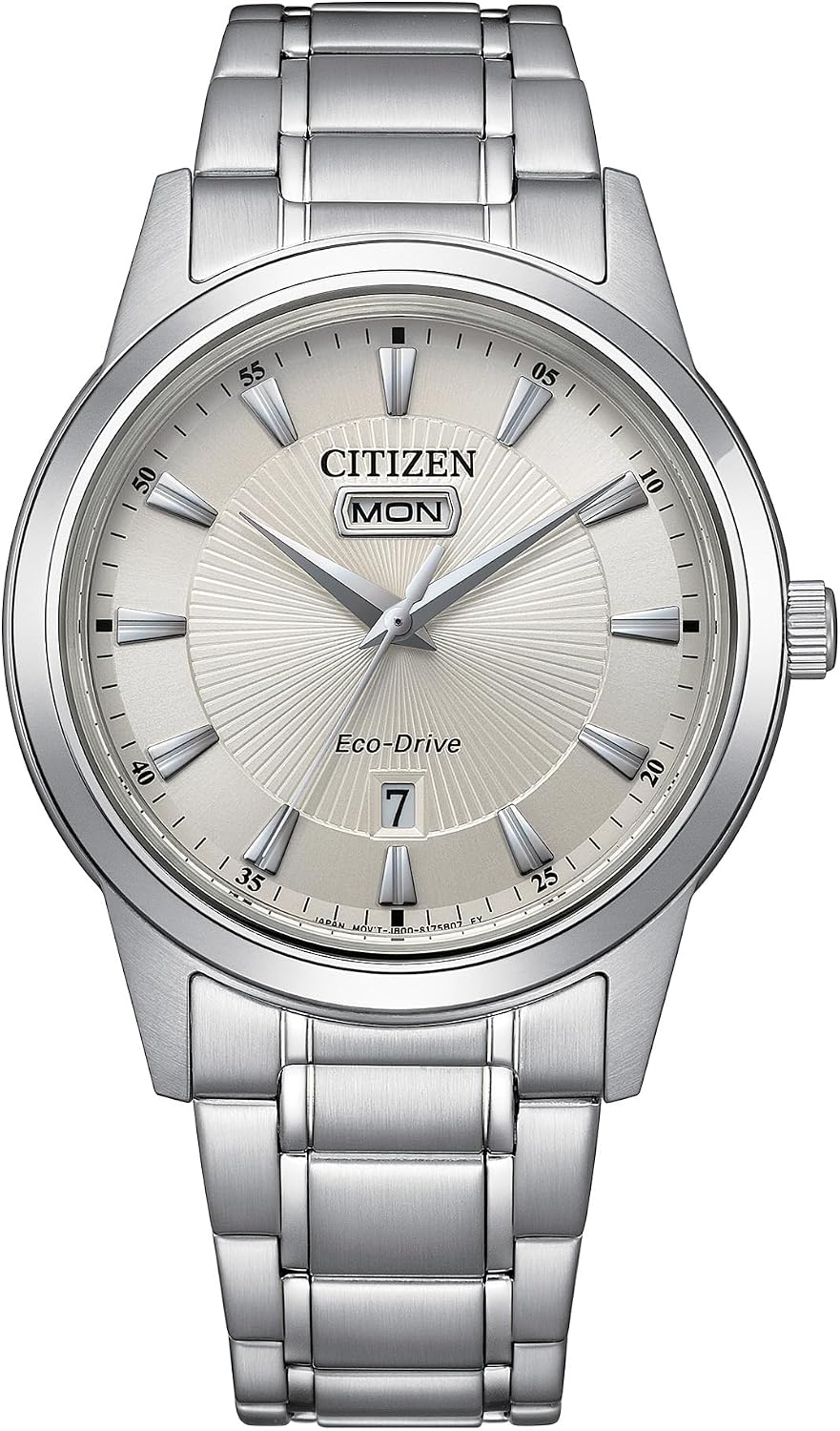 HOTCITIZEN Men's Eco-Drive Dress Classic Watch, Silver-Tone Stainless Steel Bracelet, Ivory Dial, 3 Hand, Day/Date (Model: AW0100-86B)