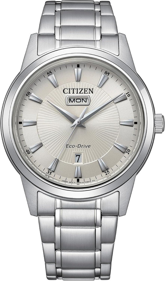 HOTCITIZEN Men's Eco-Drive Dress Classic Watch, Silver-Tone Stainless Steel Bracelet, Ivory Dial, 3 Hand, Day/Date (Model: AW0100-86B)