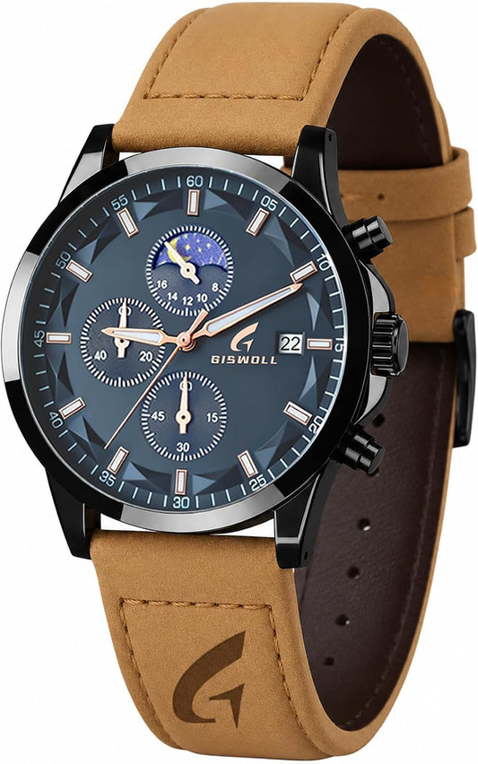 HOTFashion Casual Analog Watches for Men with Functional Chronograph Subdials | Mens Watches with Decorative Sun-Moon Dial, Auto Date, Dual Timers, Luminous, Waterproof, Gifts for Men Dad Husband Boyfriend