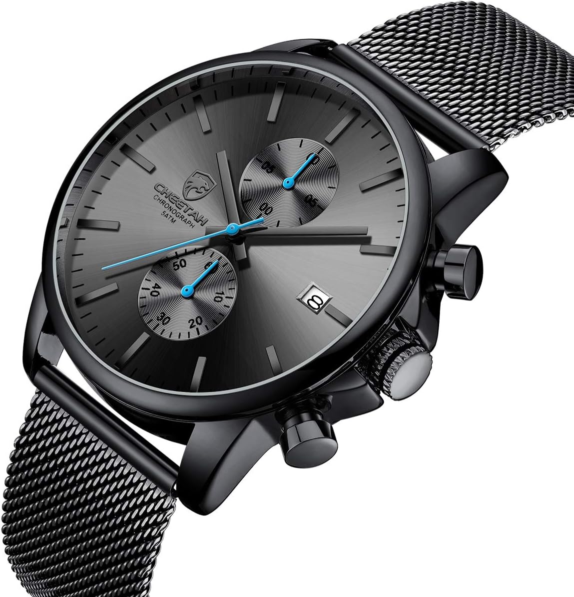 HOTGOLDEN HOUR Mens Watch Fashion Sleek Minimalist Quartz Analog Mesh Stainless Steel Waterproof Chronograph Watches for Men with Auto Date