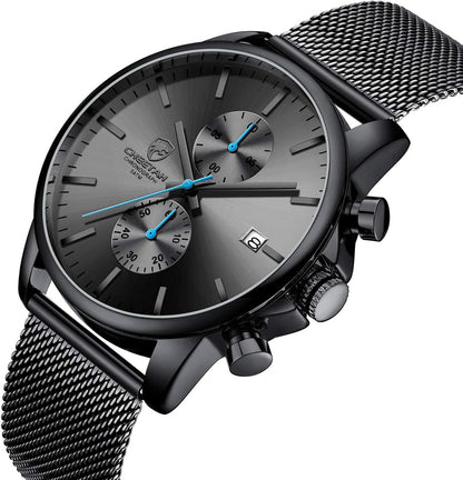 HOTGOLDEN HOUR Mens Watch Fashion Sleek Minimalist Quartz Analog Mesh Stainless Steel Waterproof Chronograph Watches for Men with Auto Date