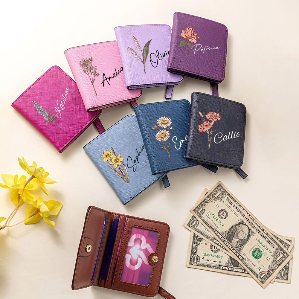 HOTCALLIE Womens Wallet Personalized - Custom Birth Flower and Name on Leather Bifold Pocket Wallet - Mother's Day Gift for Women, Wife, Grandma