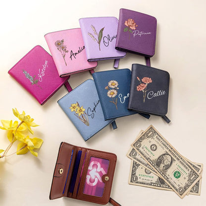 HOTCALLIE Womens Wallet Personalized - Custom Birth Flower and Name on Leather Bifold Pocket Wallet - Mother's Day Gift for Women, Wife, Grandma