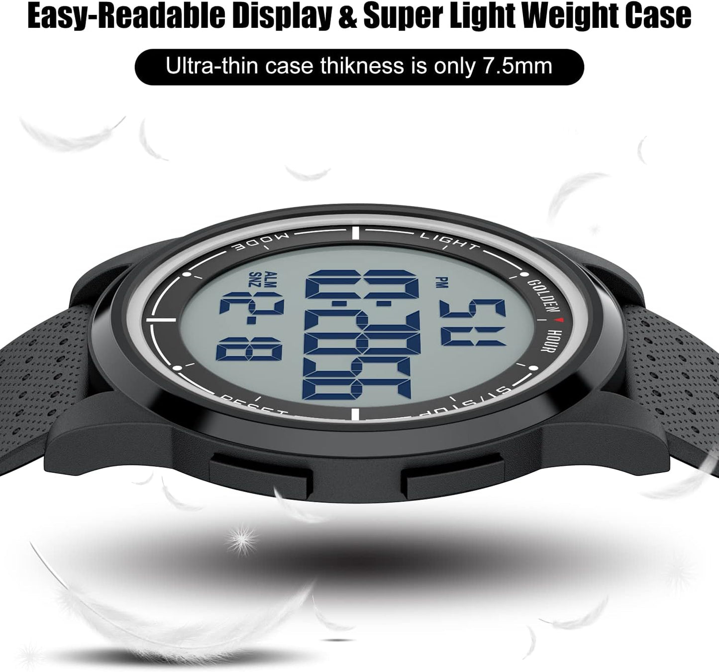 HOTGOLDEN HOUR Ultra-Thin Minimalist Sports Waterproof Digital Watches Men with Wide-Angle Display Rubber Strap Wrist Watch for Men Women