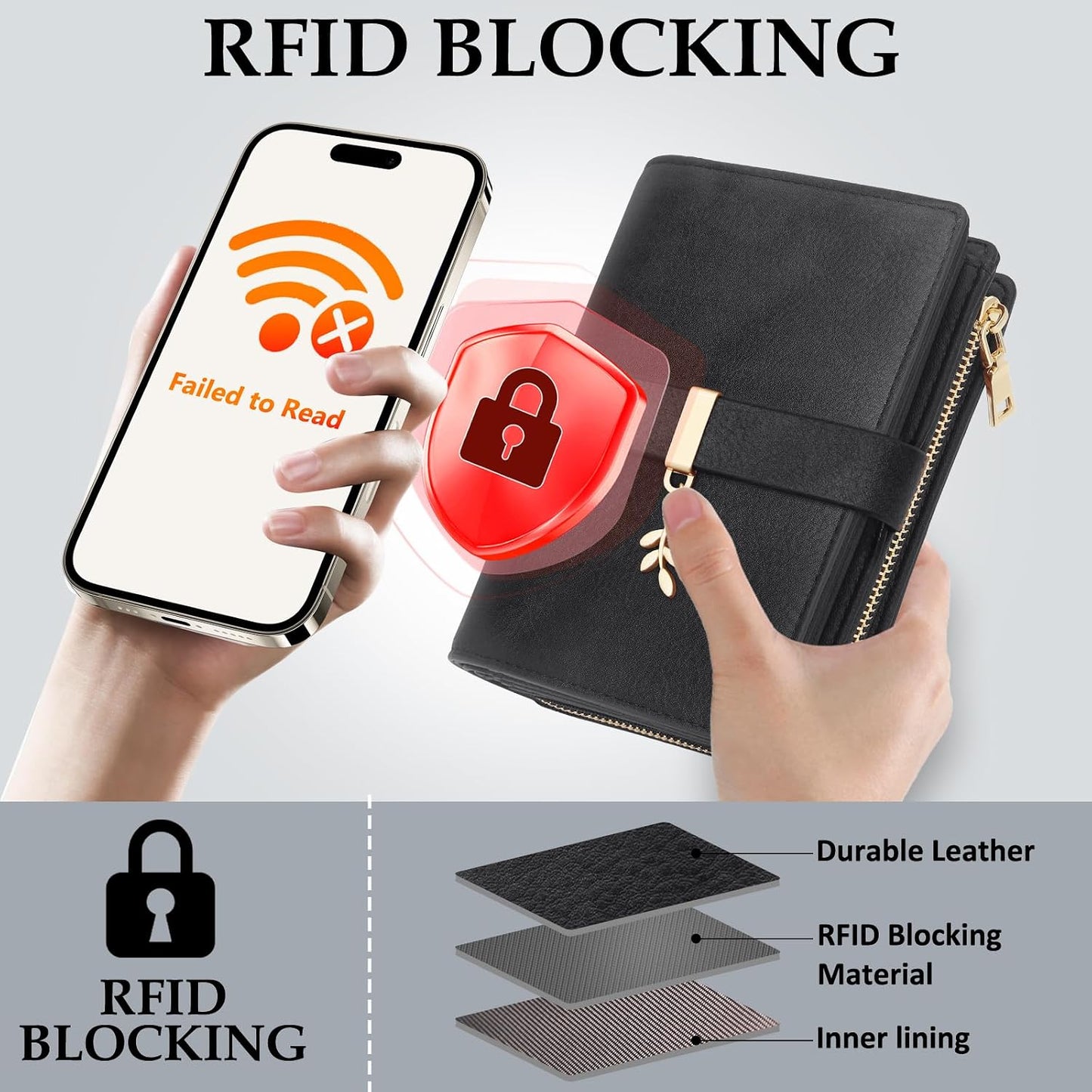 HOTWomen Trifold RFID Blocking Wallet, PU Leather Large Capacity Card Holder Ladies Wallet with Clear ID Window for Daily Travel Black