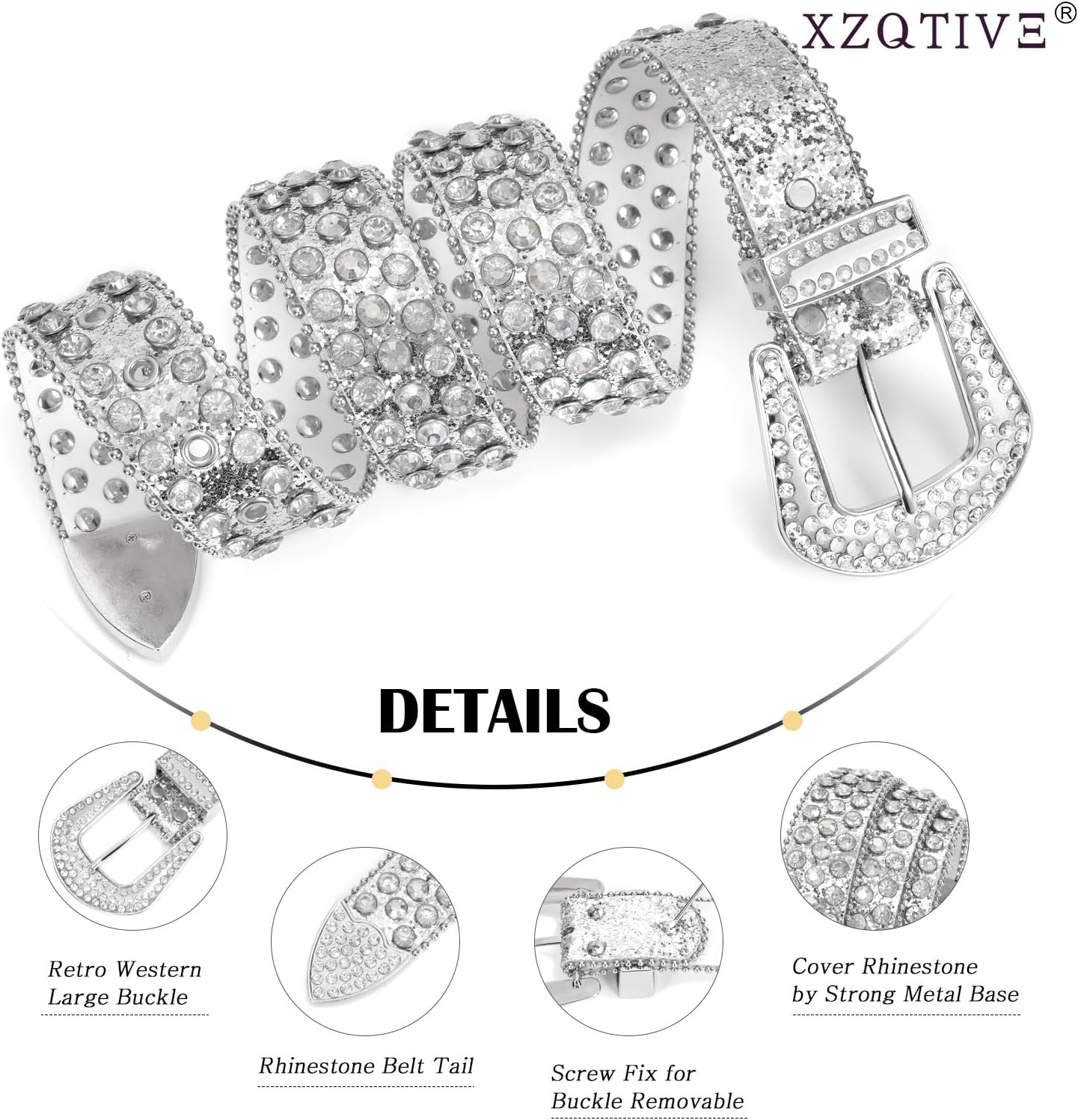 HOTXZQTIVE Cowgirl Bling Studded Leather Belts for Jeans Pants with Rhinestone and Western Silver Buckle, Unisex