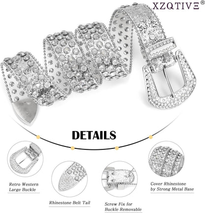 HOTXZQTIVE Cowgirl Bling Studded Leather Belts for Jeans Pants with Rhinestone and Western Silver Buckle, Unisex