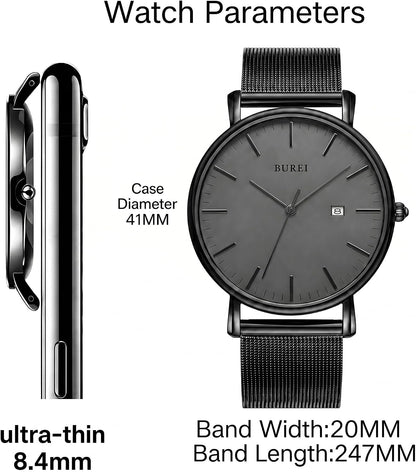 HOTBUREI Ultra Thin Minimalist Men Watch, All Black Stainless Steel Mesh Band,Analog Waterproof Casual Business Wristwatch, Gift for Father