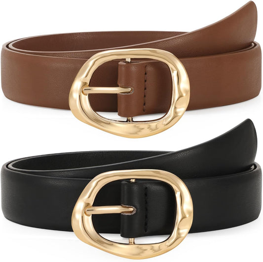 HOTTRIWORKS 2 Pack Leather Belts for Women Fashion Waist Belt with Liquid Shapes Women Belt for Jeans Pants Dresses
