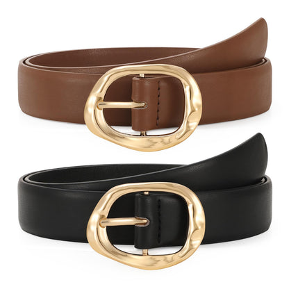 HOTTRIWORKS 2 Pack Leather Belts for Women Fashion Waist Belt with Liquid Shapes Women Belt for Jeans Pants Dresses