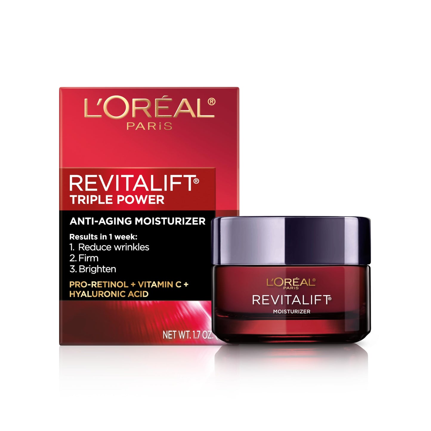 HOTL'Oreal Paris Revitalift Triple Power Anti-Aging Face Moisturizer, Pro Retinol, Hyaluronic Acid & Vitamin C to Reduce Wrinkles, Firm & Brighten Skin, 2.55 Oz