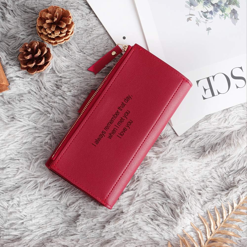 HOTLovejewelry Personalized Wallets for Women Photo Engraved PU Leather Trifold Wallet Credit Card Clutch Long Wallet for Girlfriend Mom Mother’s Day (Red -2), Wa-100359