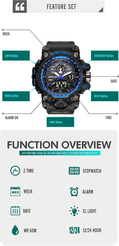 HOTKXAITO Men's Watches Sports Outdoor Waterproof Military Wrist Watch Date Multi Function Tactics LED Alarm Stopwatch