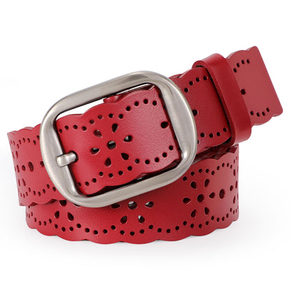 HOTJASGOOD Women's Hollow Flower Genuine Leather Belt for Jeans Pants Wide Belt for Ladies