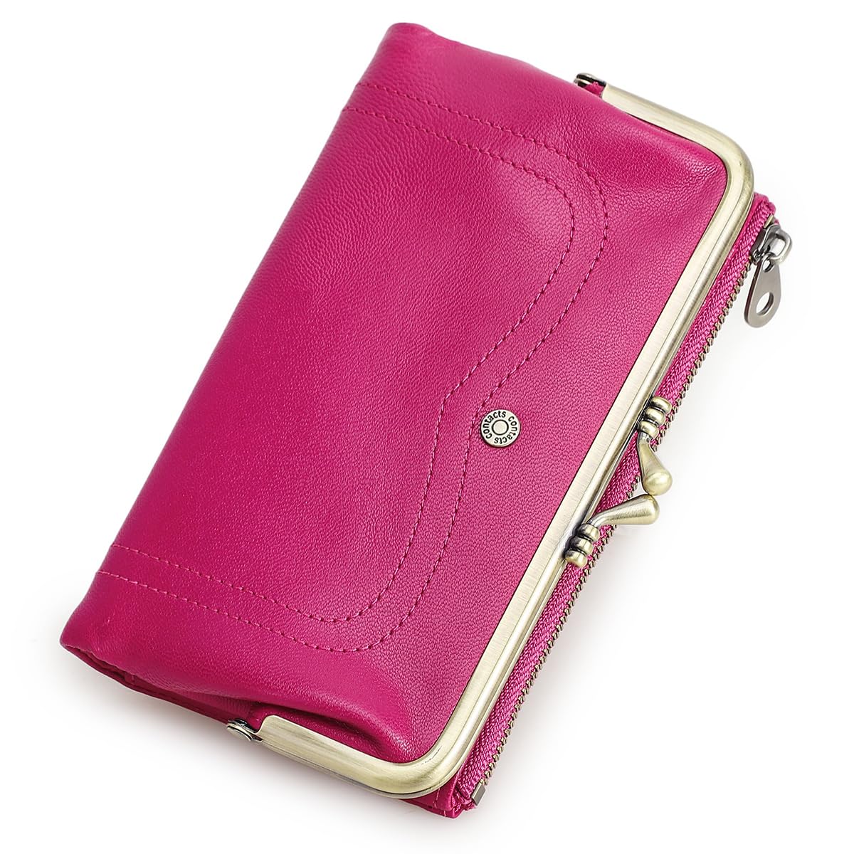 HOTCONTACTS Full Grain Goat Leather Kiss Lock Wallet for Women Vintage Clutch Wallet with Rfid Blocking Zipper Coin Purse (Red)