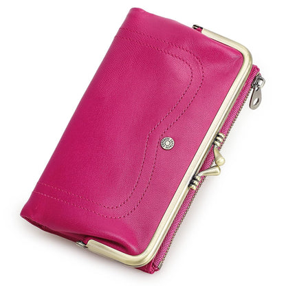 HOTCONTACTS Full Grain Goat Leather Kiss Lock Wallet for Women Vintage Clutch Wallet with Rfid Blocking Zipper Coin Purse (Red)