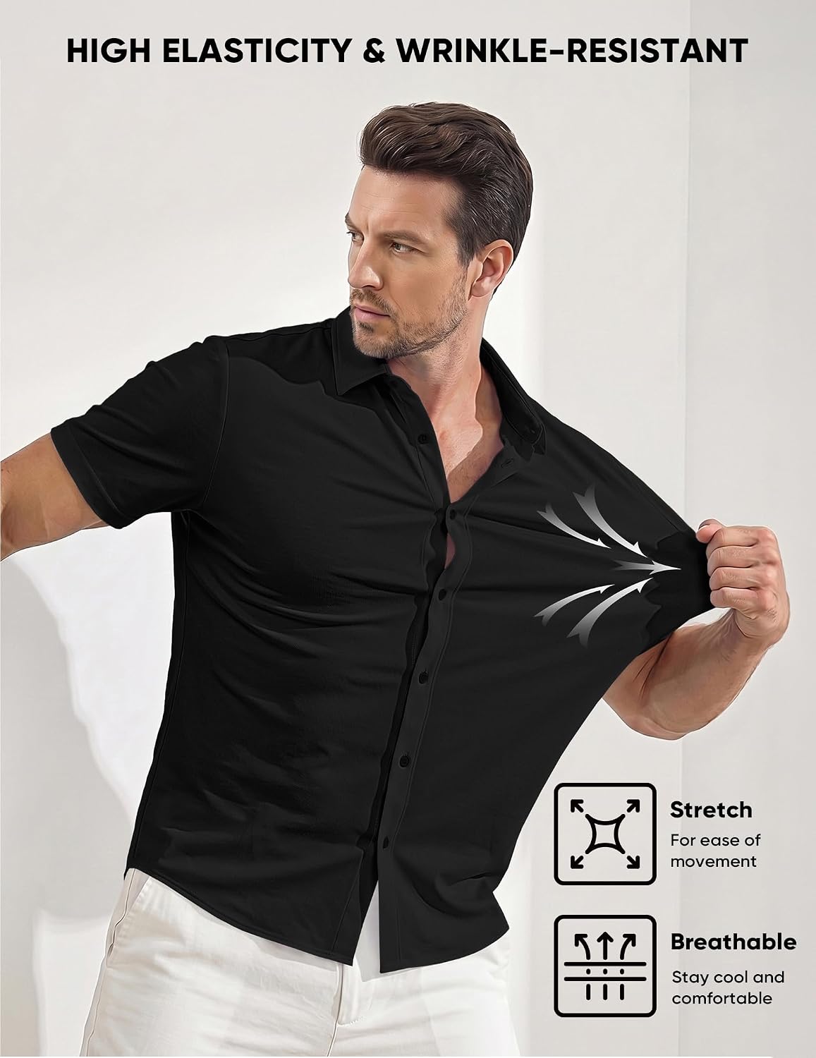 HOTJMIERR Men's Muscle Fit High Stretch Wrinkle-Free Button Down Dress Shirts Summer Casual Short Sleeve Shirt